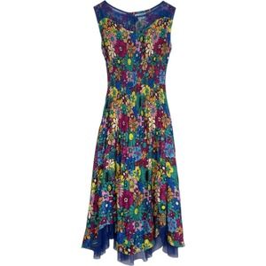 Vintage Lily & Taylor Floral Pleated Midi Dress Mesh Overlay Handkerchief 90s